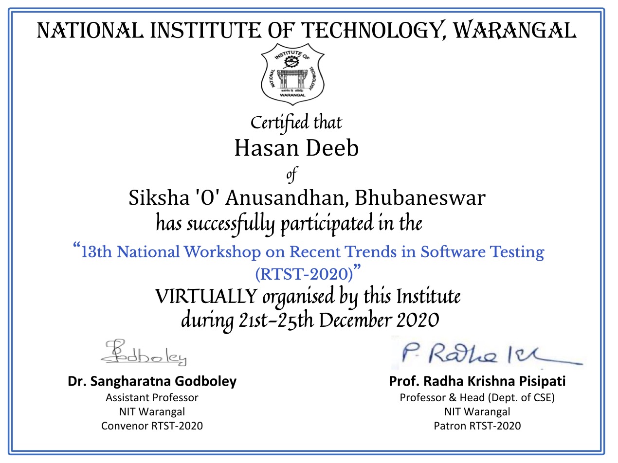 13th National Workshop on Recent Trends in Software Testing
(RTST-2020)